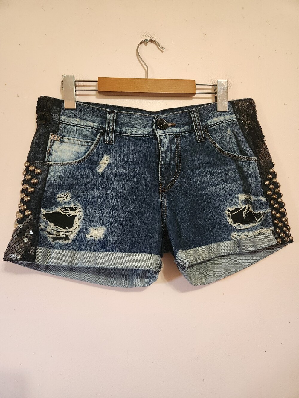Miss Sixty Vintage Y2K Distressed Denim Shorts Sequin Stud Italy Sz 28